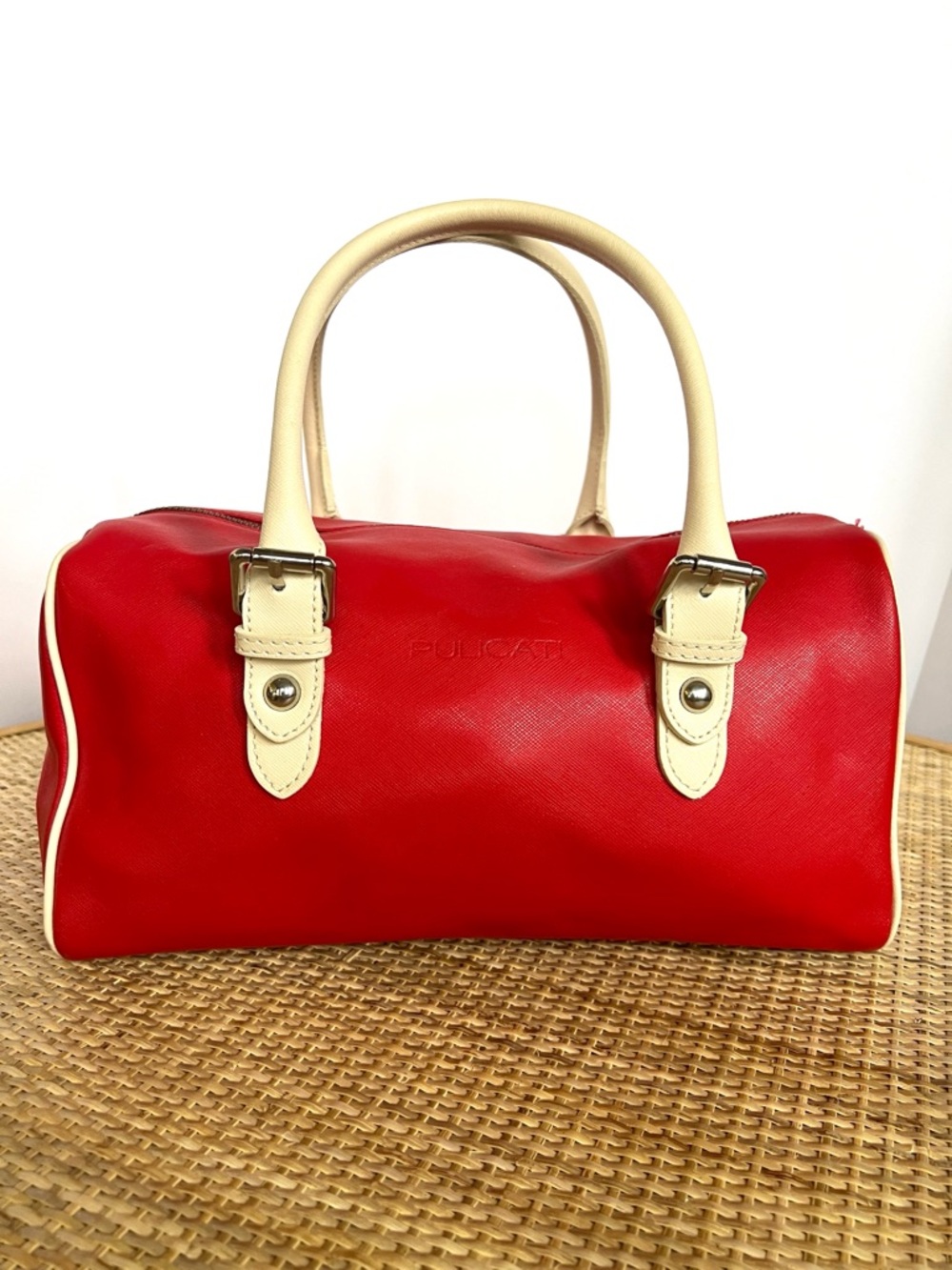Pulicati Bowler Italian Leather Satchel Red Cream Bowling Silver tone Accents